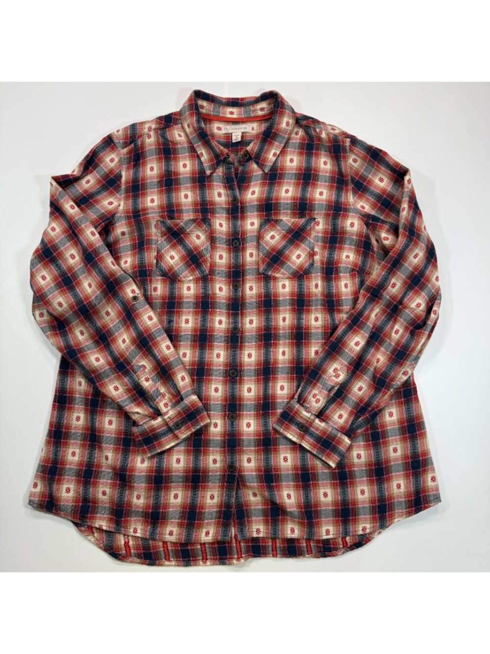 CB Shirt Women's 1X Red Plaid Cotton Button Up Roll-tab Sleeve Western Workwear